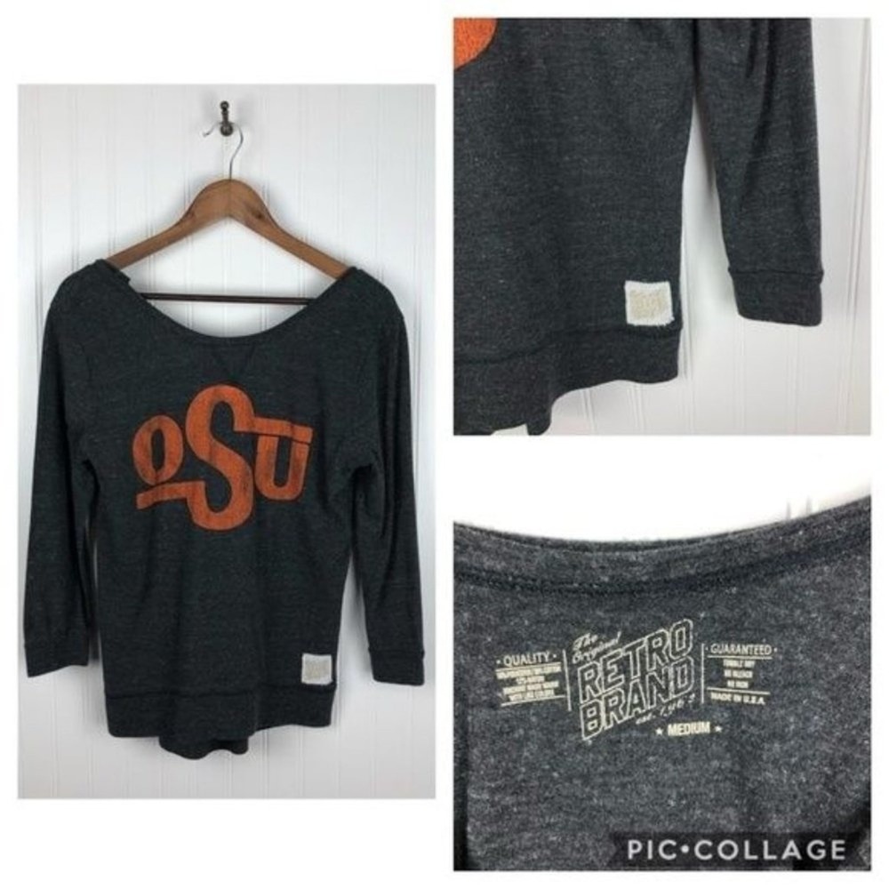 Retro Brand OSU Orange Logo Long Sleeve Graphic T Shirt Women‎ Medium Gray